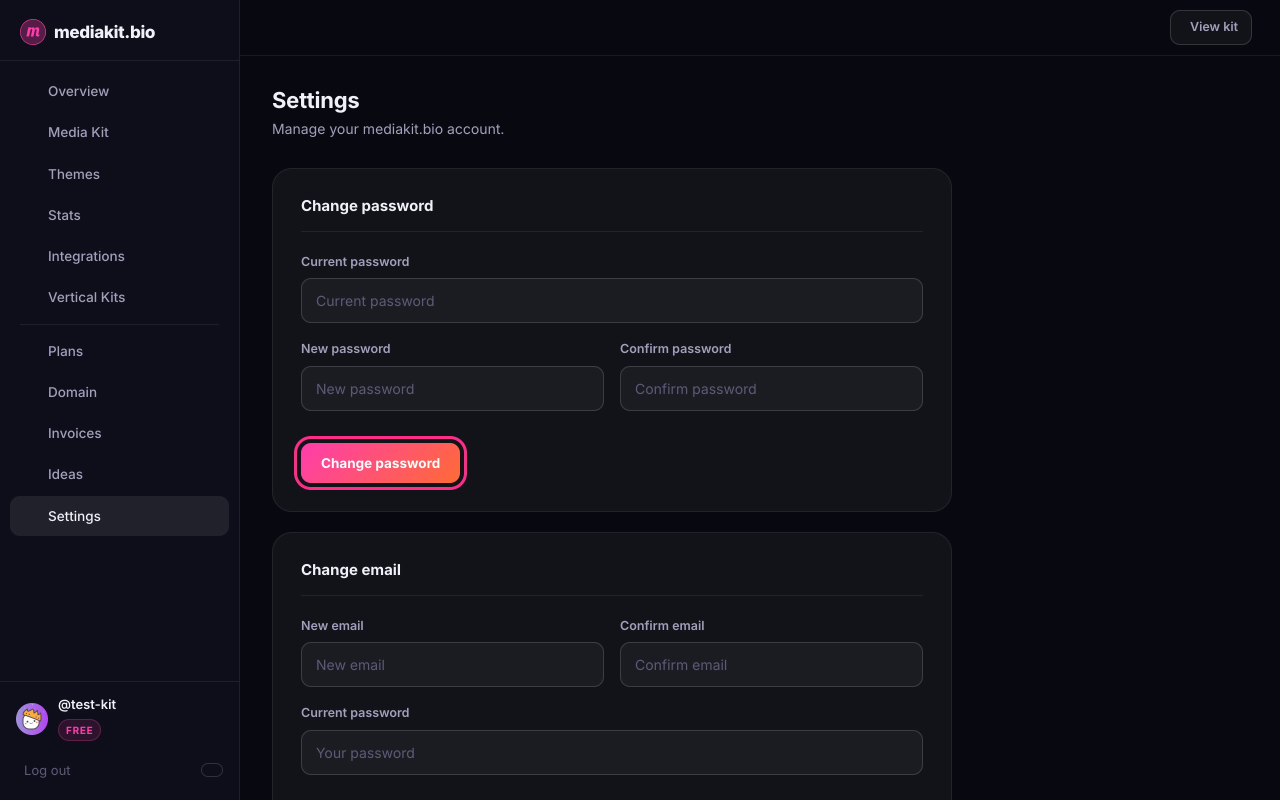 Settings, with the Change password section