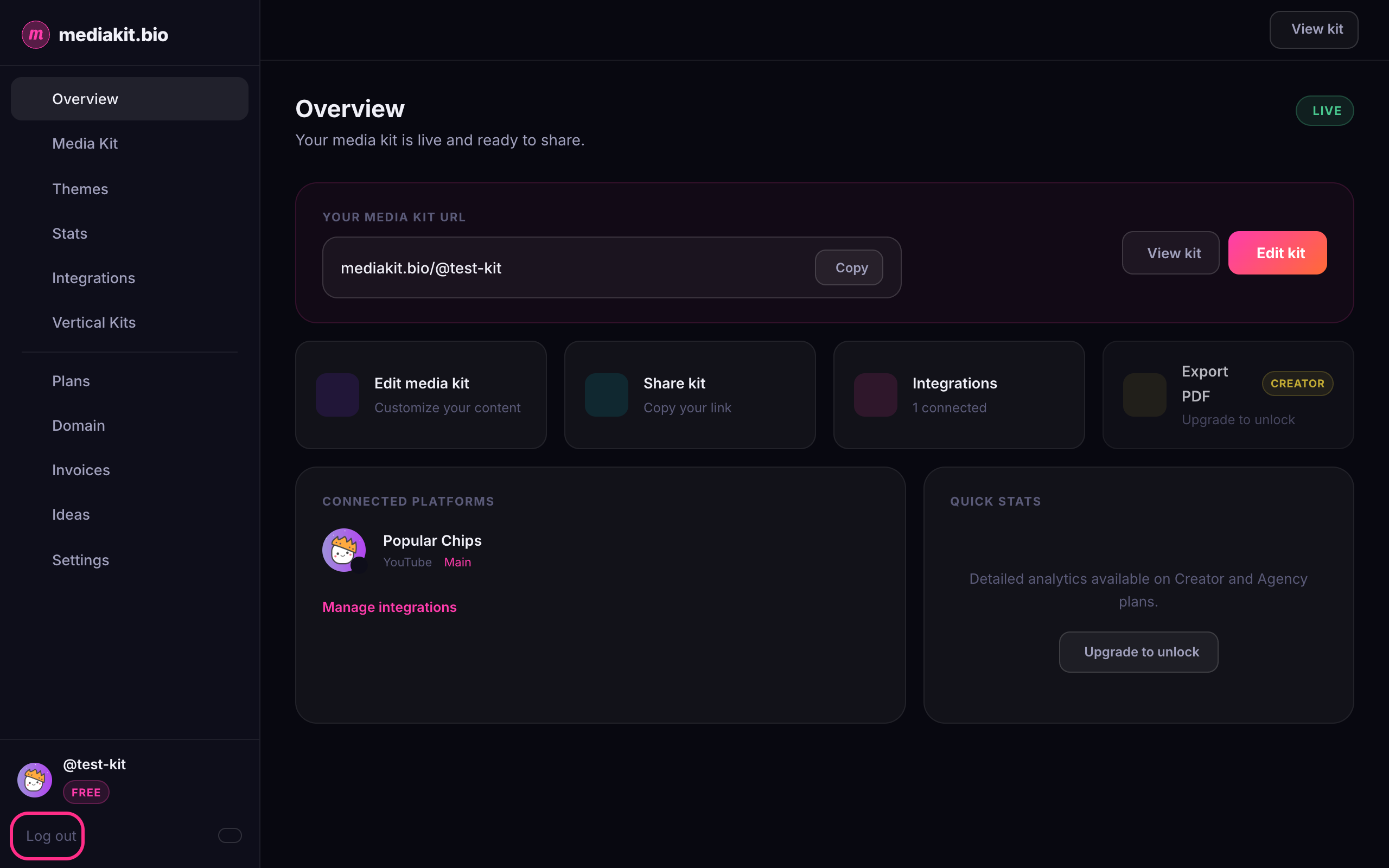 The dashboard, with Log out highlighted at the bottom of the sidebar