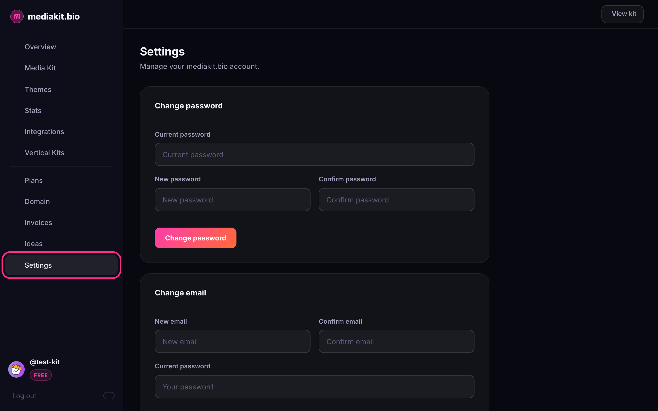 The Settings page, with Settings highlighted in the sidebar