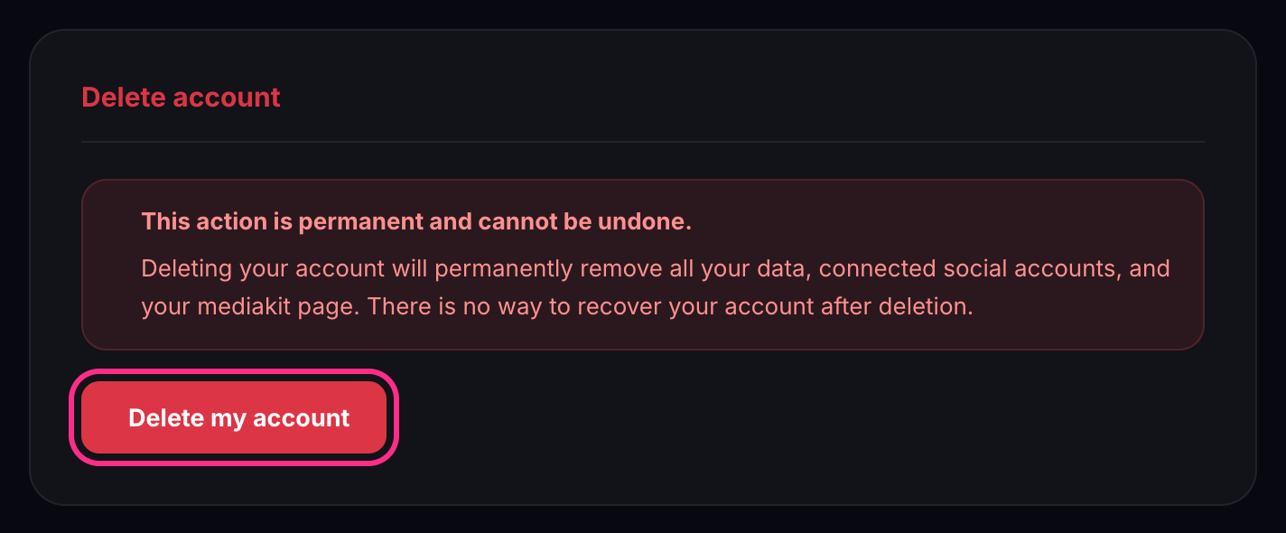 The Delete account section, with the Delete my account button highlighted