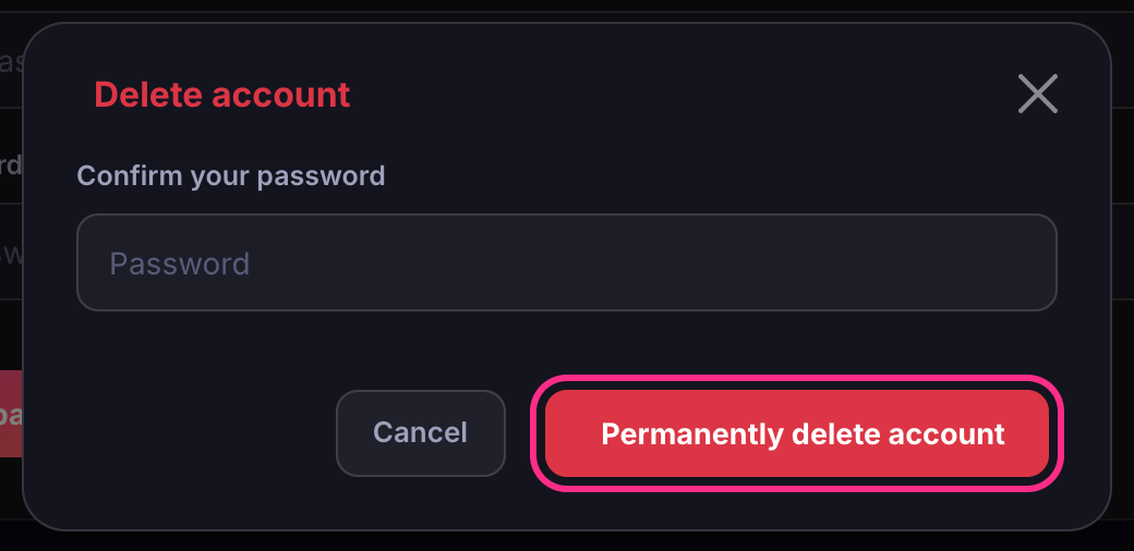 The confirmation window, with the password field and the Permanently delete account button